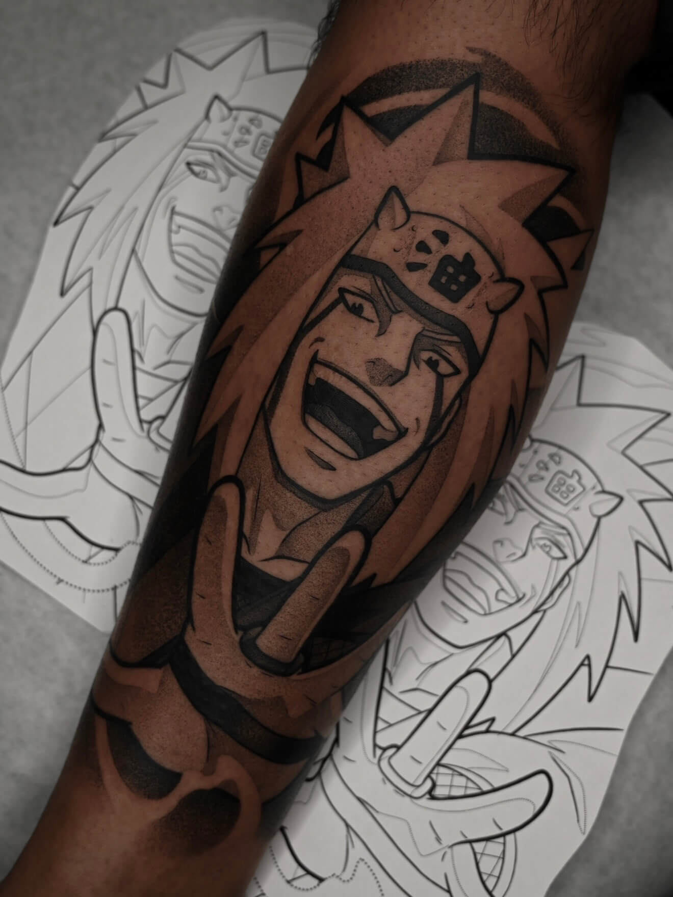 Jiraiya anime tattoo on dark skin — Wade Whitman Madison Heights MI
