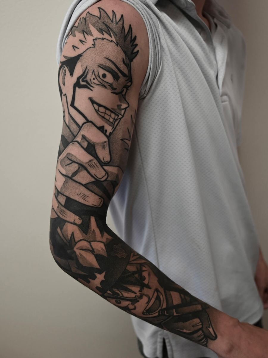Full arm sleeve anime tattoo 5 sessions — Wade Whitman Madison Heights MI