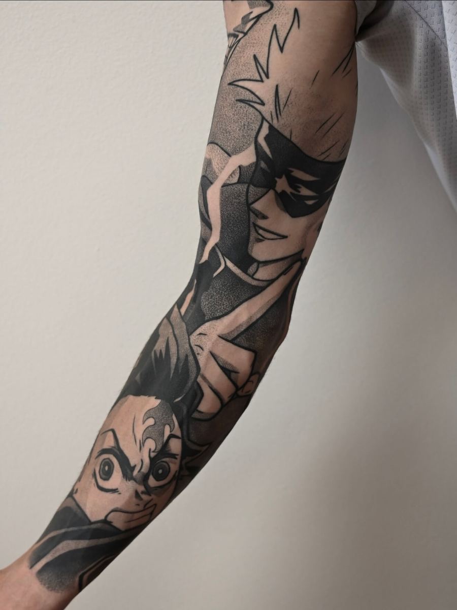 Full arm sleeve anime tattoo 5 sessions — Wade Whitman Madison Heights MI