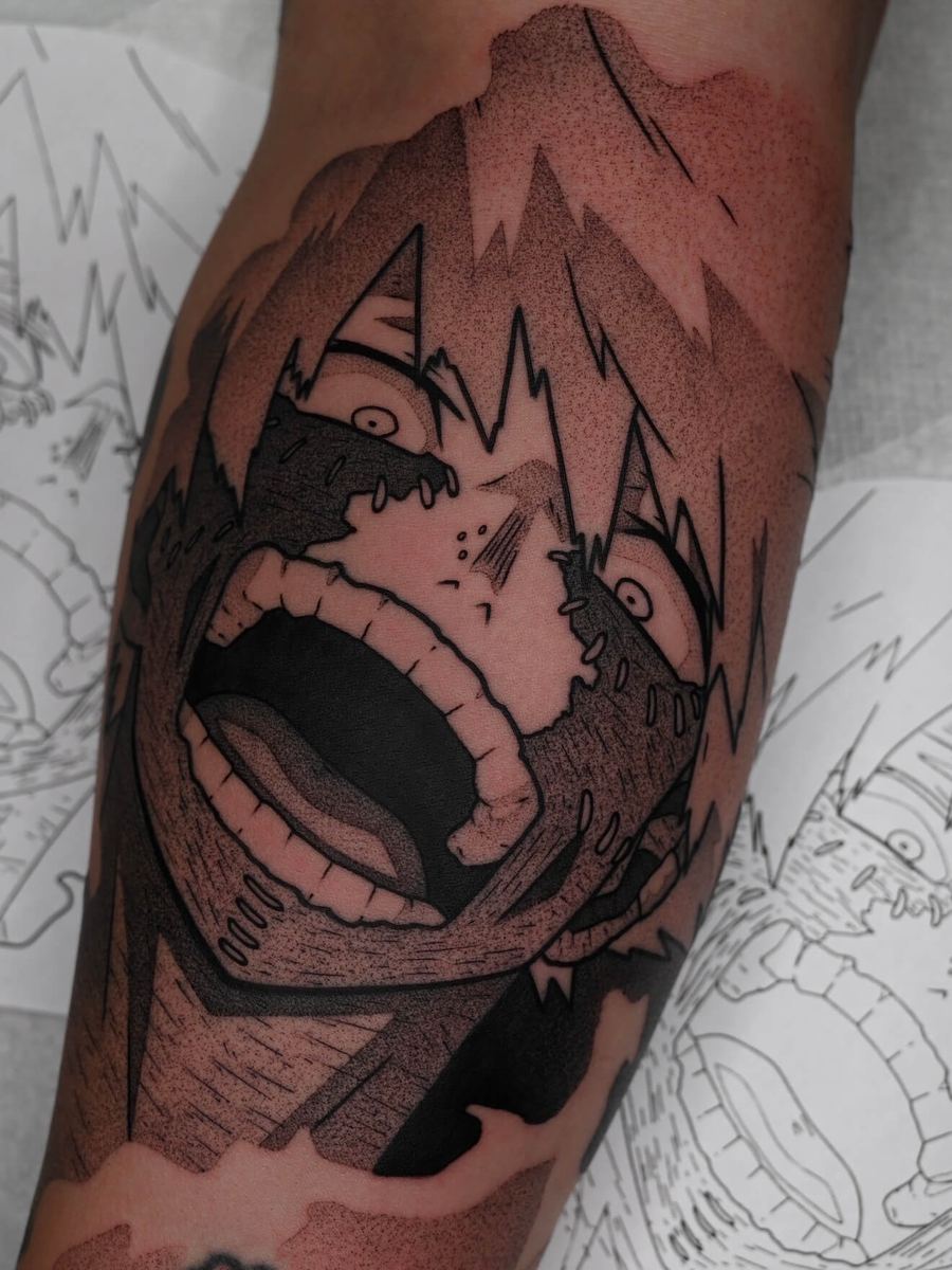 Dabi tattoo, My Hero Academia character with flaming spiky hair and intense expression by Wade Whitman — Madison Heights MI tattoo artist