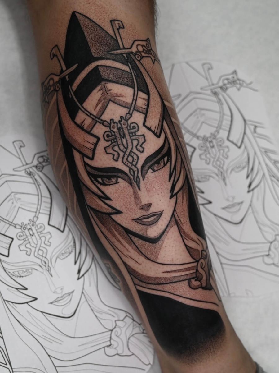 Midna tattoo, Legend of Zelda Twilight Princess character with ornate horned headdress by Wade Whitman — Madison Heights MI tattoo artist