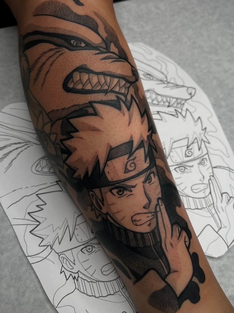 Naruto and Kurama tattoo, Naruto Shippuden characters with fanged grin by Wade Whitman — Madison Heights MI tattoo artist