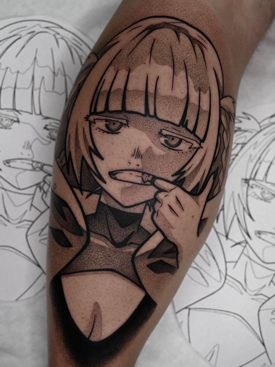 Nazuna tattoo, Call of the Night character with bob haircut, distressed expression by Wade Whitman — Madison Heights MI tattoo artist