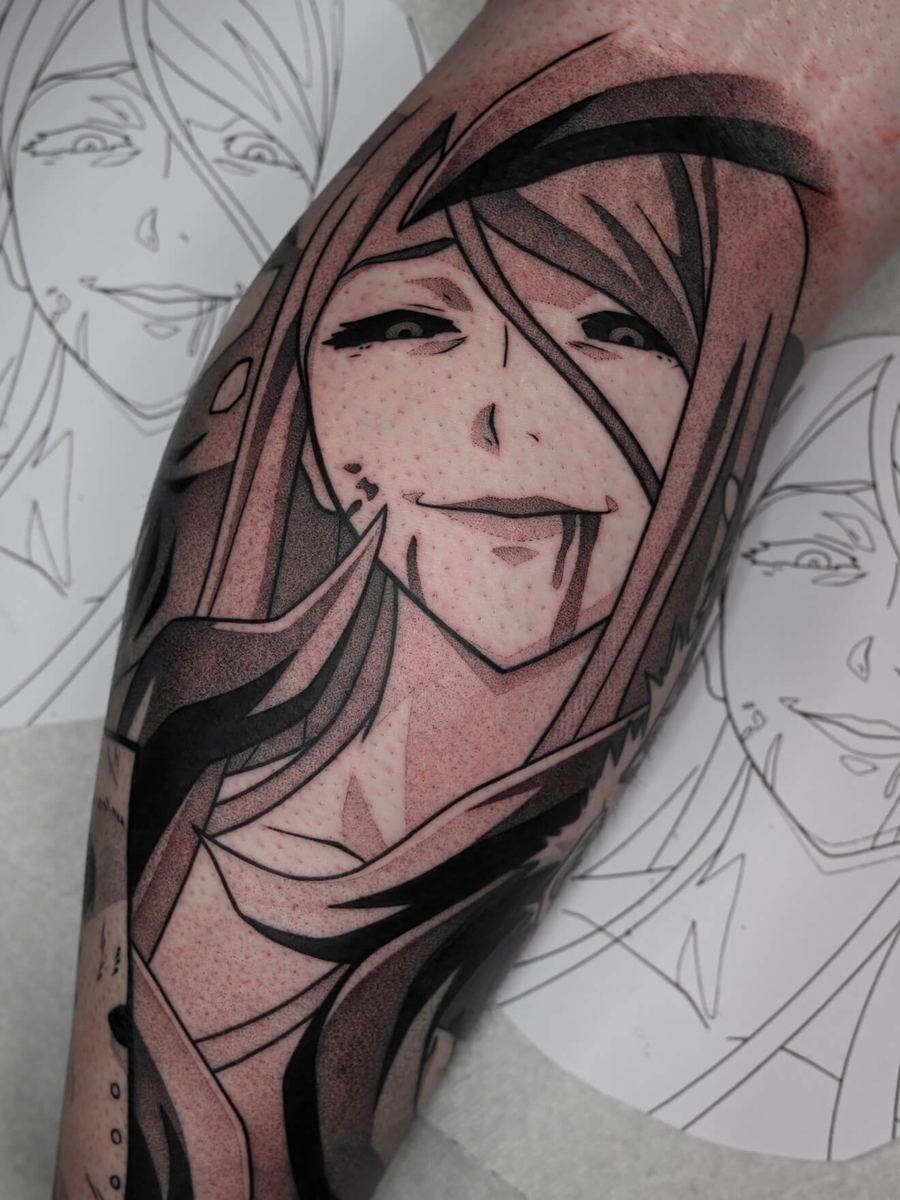 Rize Kamishiro tattoo, Tokyo Ghoul character with flowing hair, eyes closed mid-laugh by Wade Whitman — Madison Heights MI tattoo artist