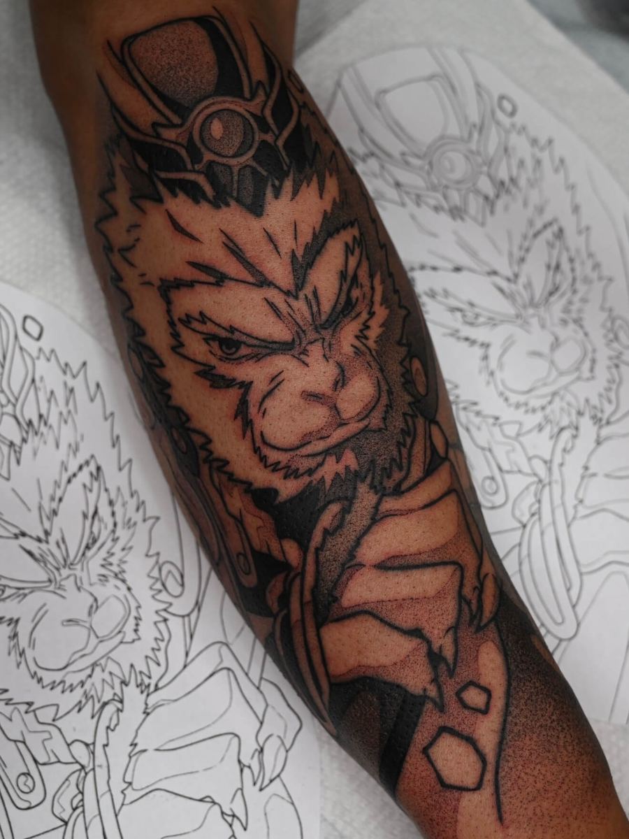 Sun Wukong tattoo, Black Myth Wukong character with spiked fur and dotwork shading by Wade Whitman — Madison Heights MI tattoo artist