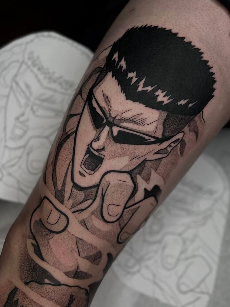 Toguro tattoo, Yu Yu Hakusho character with wide grin and thick brows by Wade Whitman — Madison Heights MI tattoo artist