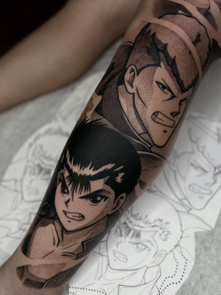 Yusuke and Kuwabara tattoo, Yu Yu Hakusho characters in dynamic action pose by Wade Whitman — Madison Heights MI tattoo artist