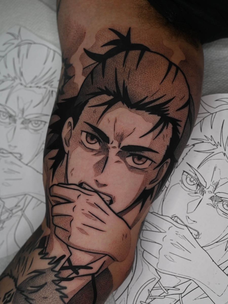 Eren Yeager tattoo, Attack on Titan character portrait covering mouth with hand by Wade Whitman — Madison Heights MI tattoo artist