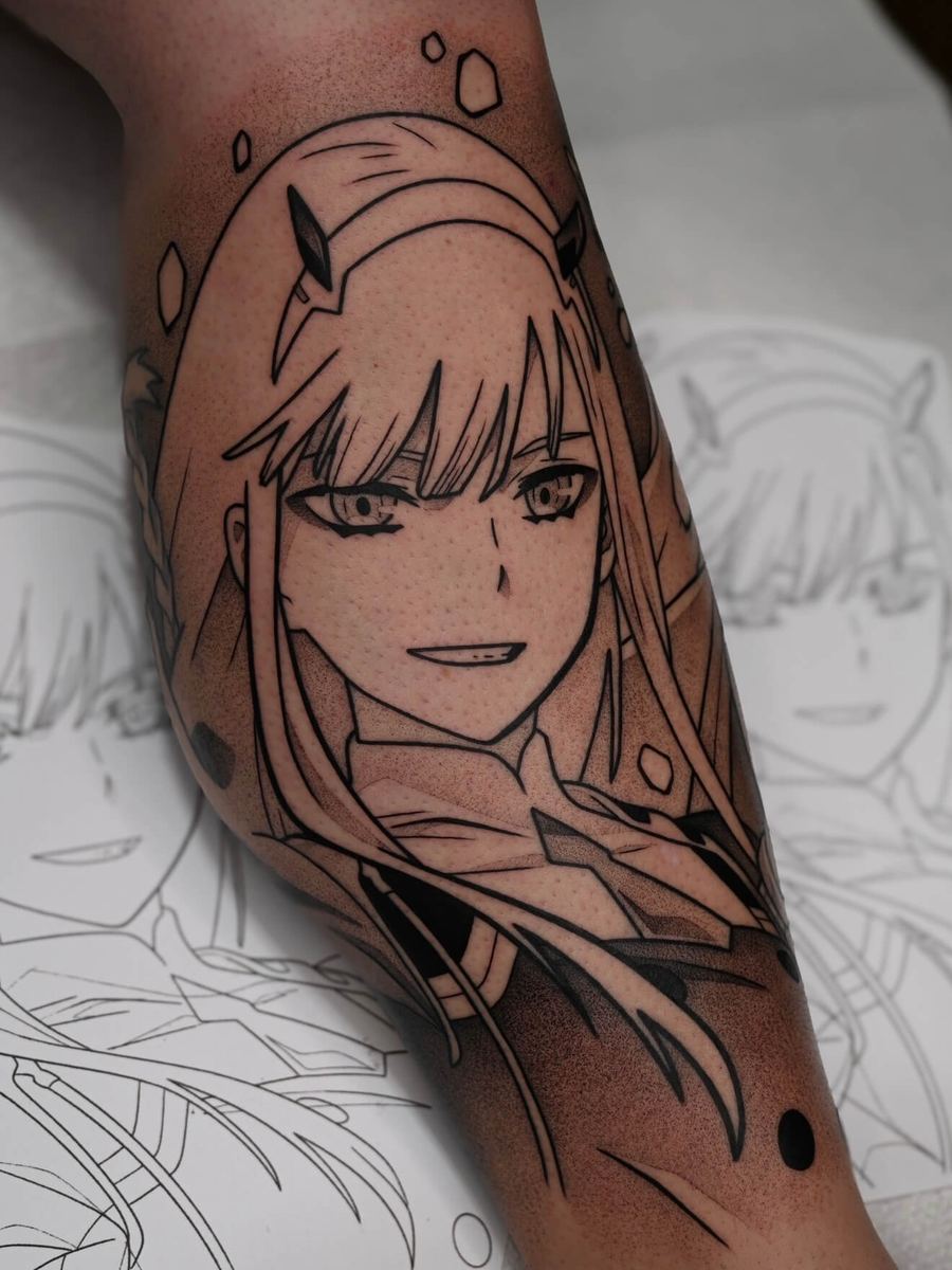 Zero Two tattoo, Darling in the Franxx character with long wavy hair by Wade Whitman — Madison Heights MI tattoo artist