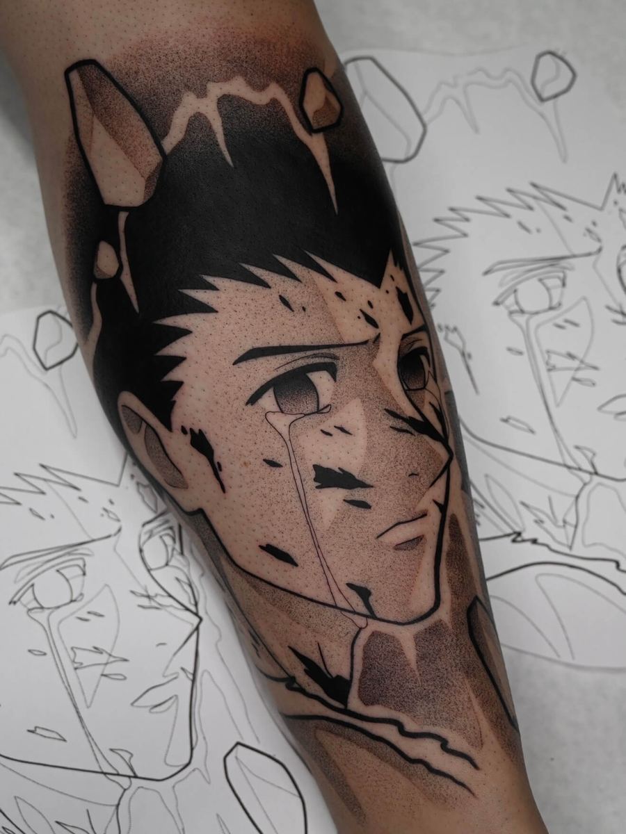 Adult Gon tattoo, Hunter x Hunter character portrait with stylized hair by Wade Whitman — Madison Heights MI tattoo artist