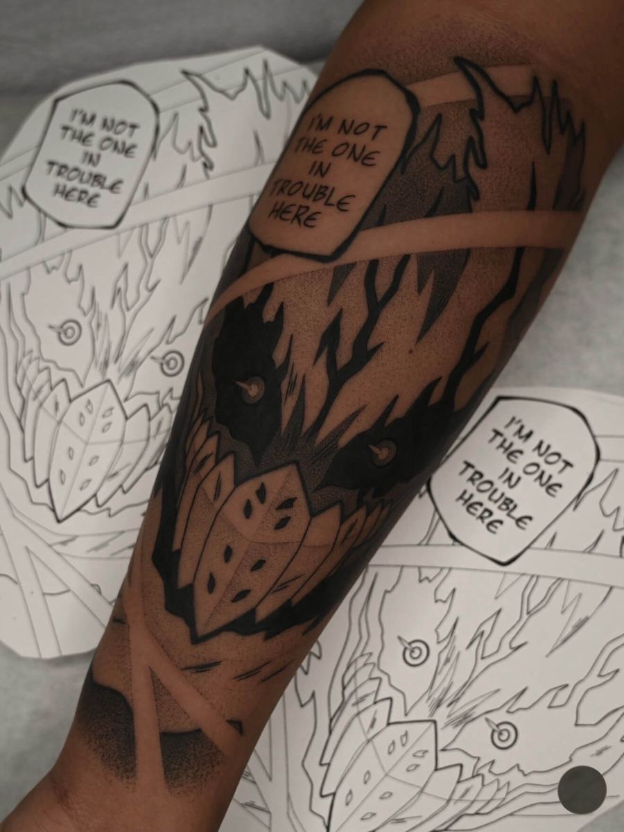 Dark Deku tattoo, My Hero Academia comic-panel style with speech bubble detail by Wade Whitman — Madison Heights MI tattoo artist