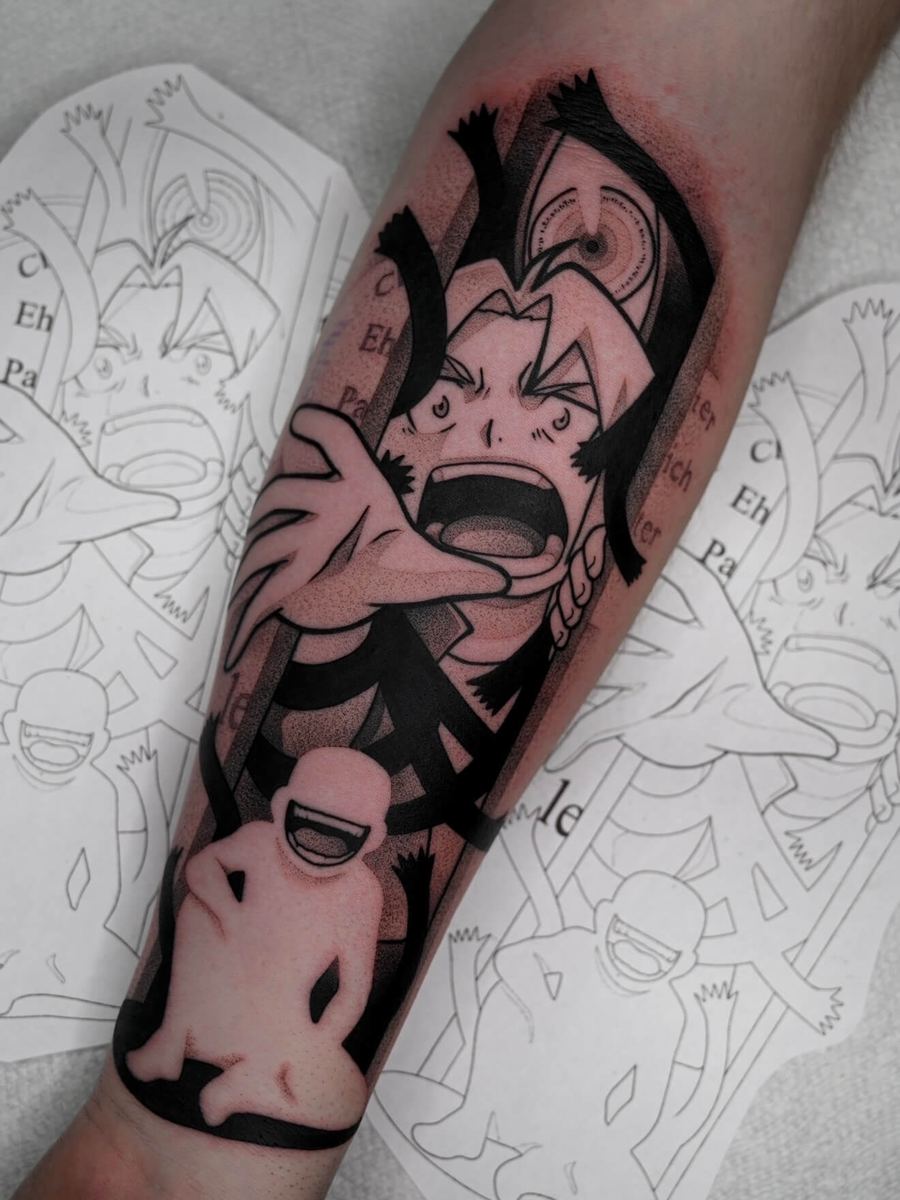 Edward Elric and Truth tattoo, Fullmetal Alchemist Brotherhood characters in color by Wade Whitman — Madison Heights MI tattoo artist