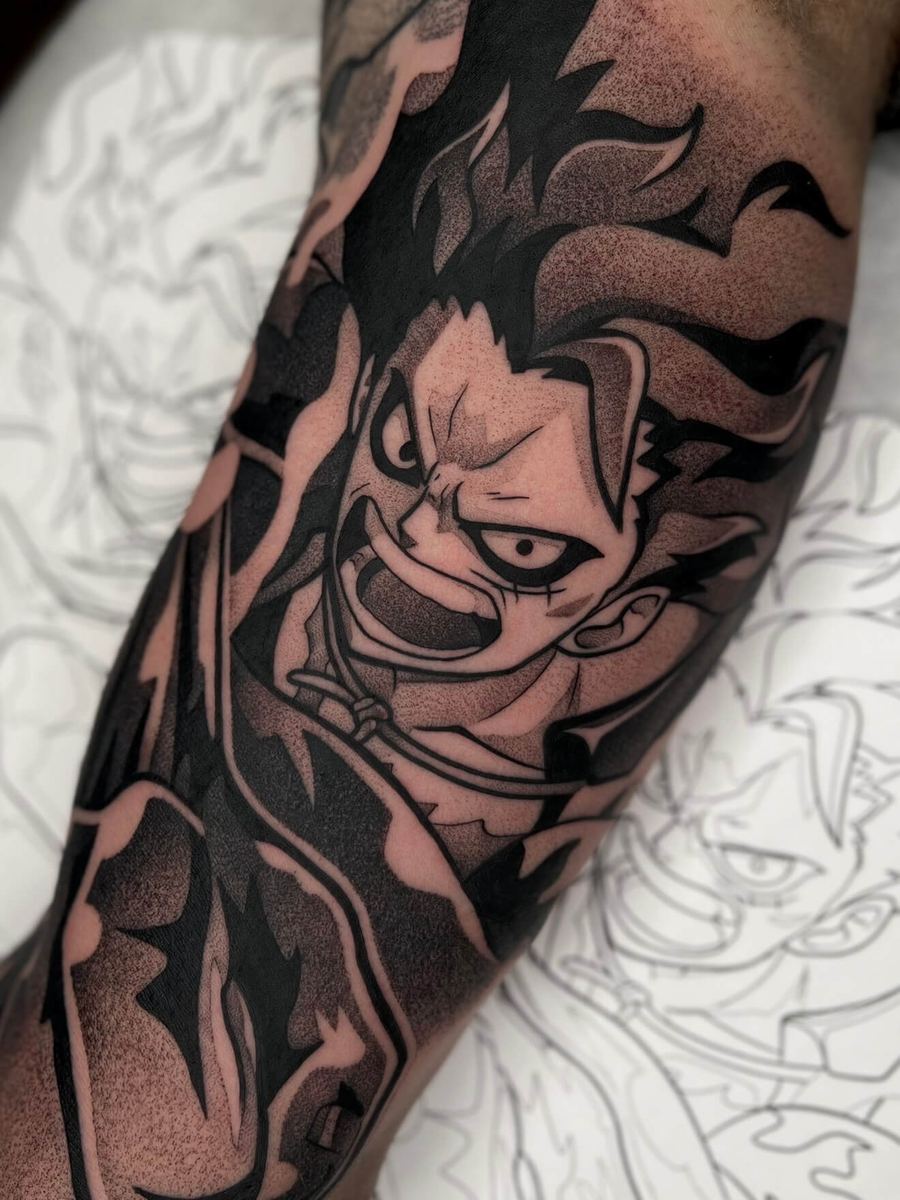 Gear 4 Luffy tattoo, One Piece character with clawed hand and shadowy hood by Wade Whitman — Madison Heights MI tattoo artist