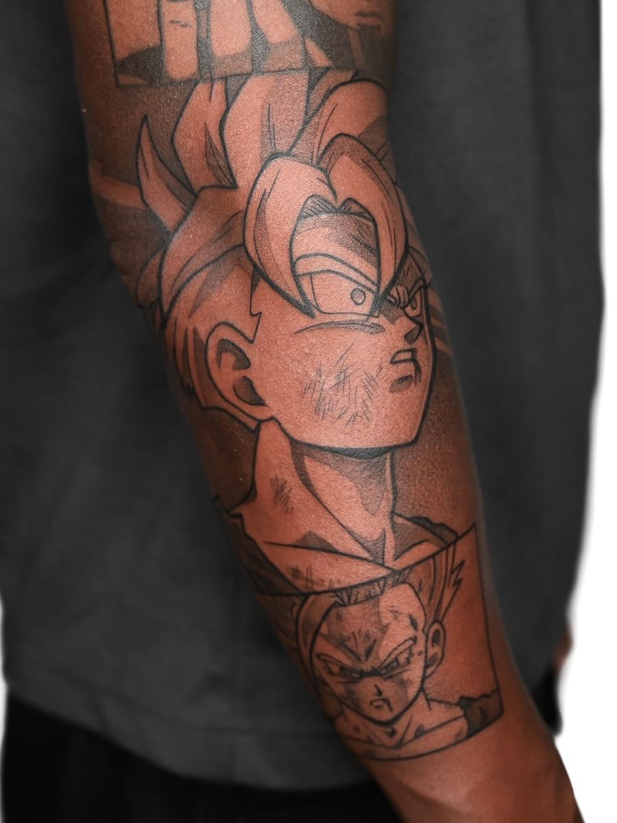 Gohan tattoo, Dragon Ball Z character group portrait in black and gray linework by Wade Whitman — Madison Heights MI tattoo artist