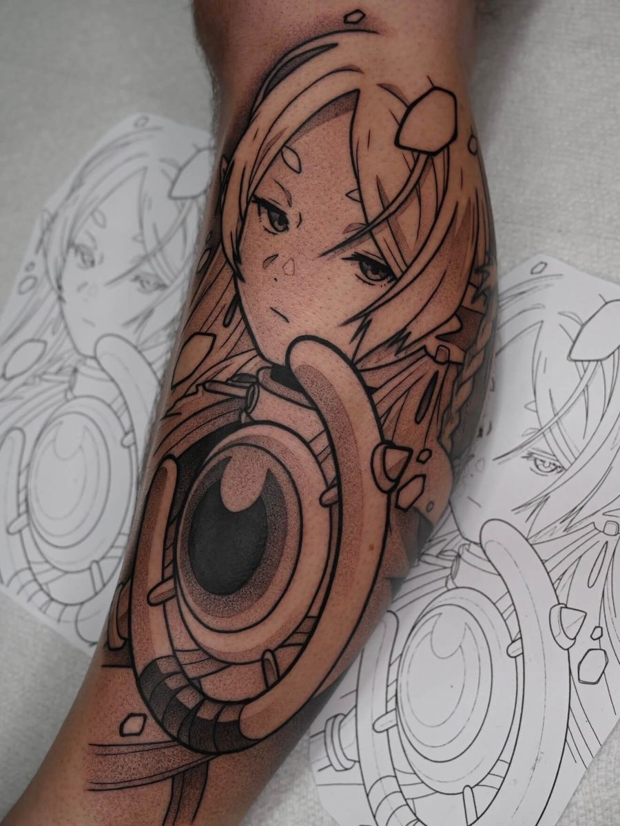Frieren tattoo, Frieren: Beyond Journey's End character with mechanical gear and cog details by Wade Whitman — Madison Heights MI tattoo artist