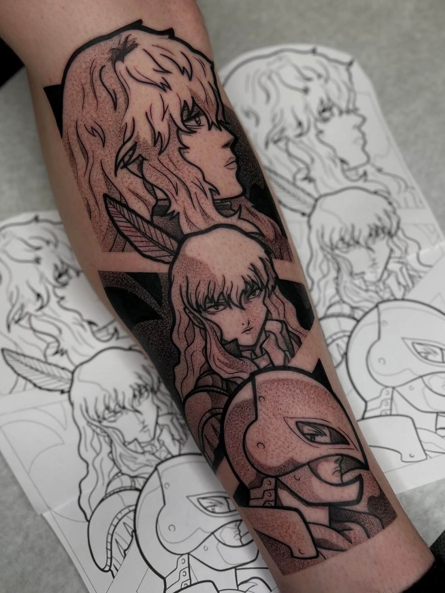 Griffith tattoo, Berserk multi-character composition with layered portraits by Wade Whitman — Madison Heights MI tattoo artist