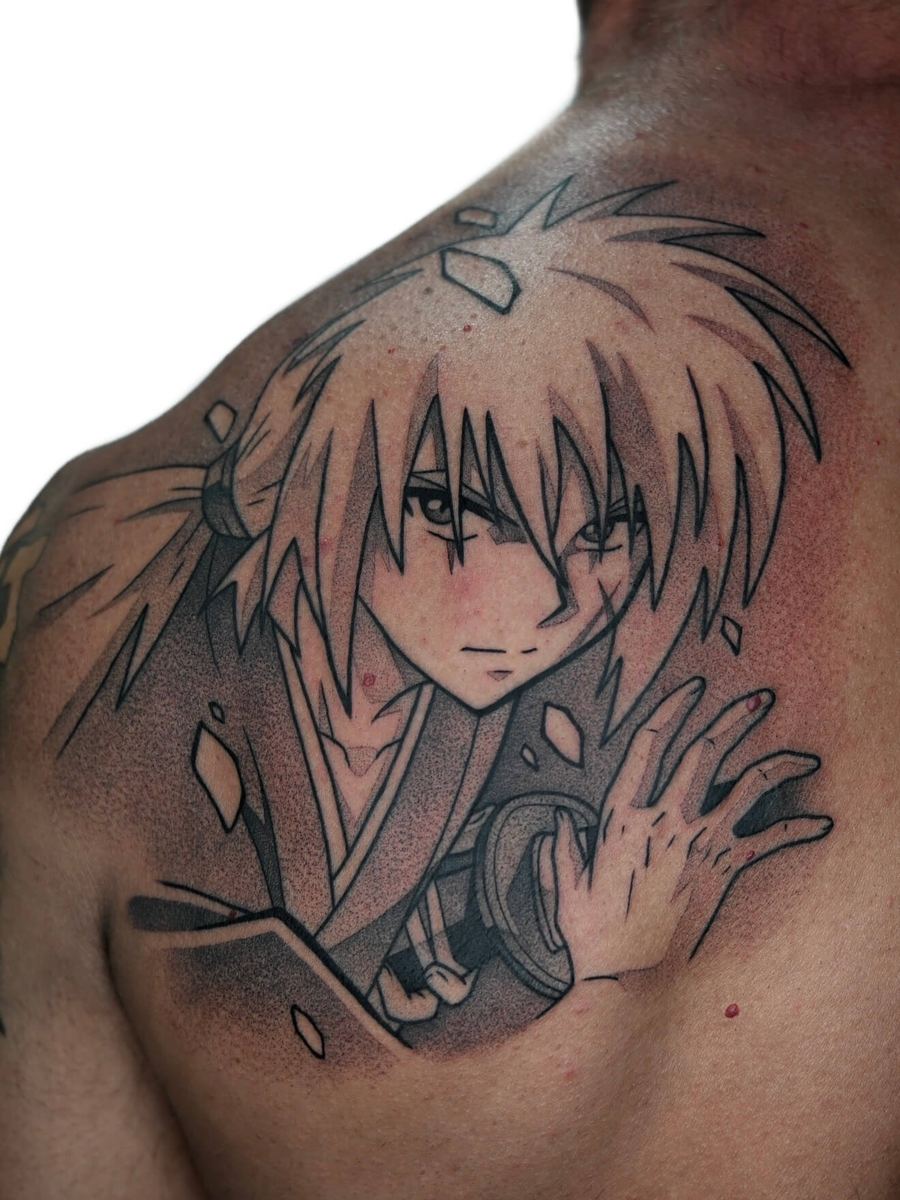 Himura Kenshin tattoo, Rurouni Kenshin character chest portrait with messy hair by Wade Whitman — Madison Heights MI tattoo artist