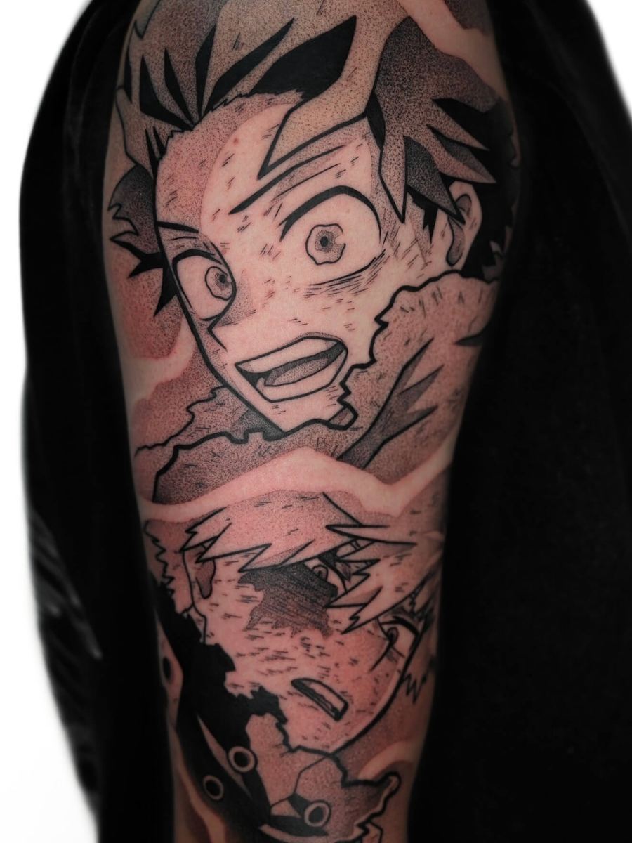 Izuku Midoriya and Katsuki Bakugo tattoo, My Hero Academia characters bicep portrait by Wade Whitman — Madison Heights MI tattoo artist