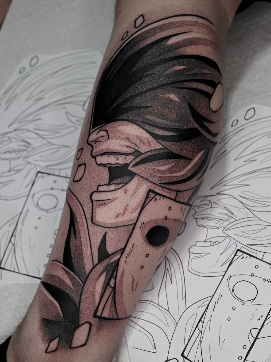 Jason tattoo, Tokyo Ghoul character with long flowing dark hair, dramatic side profile by Wade Whitman — Madison Heights MI tattoo artist