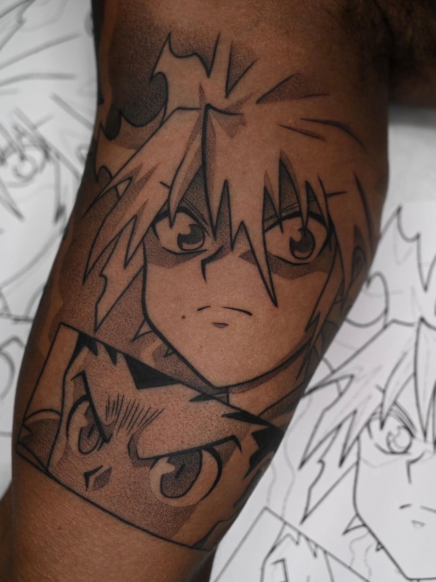 Killua and Gon tattoo, Hunter x Hunter characters with tousled hair, contemplative expression by Wade Whitman — Madison Heights MI tattoo artist