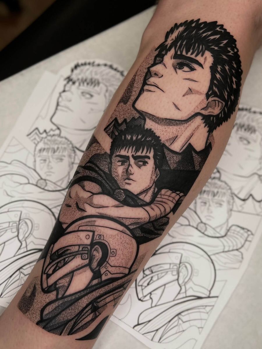 Guts tattoo, Berserk character composition spanning his life, adult figure with child by Wade Whitman — Madison Heights MI tattoo artist