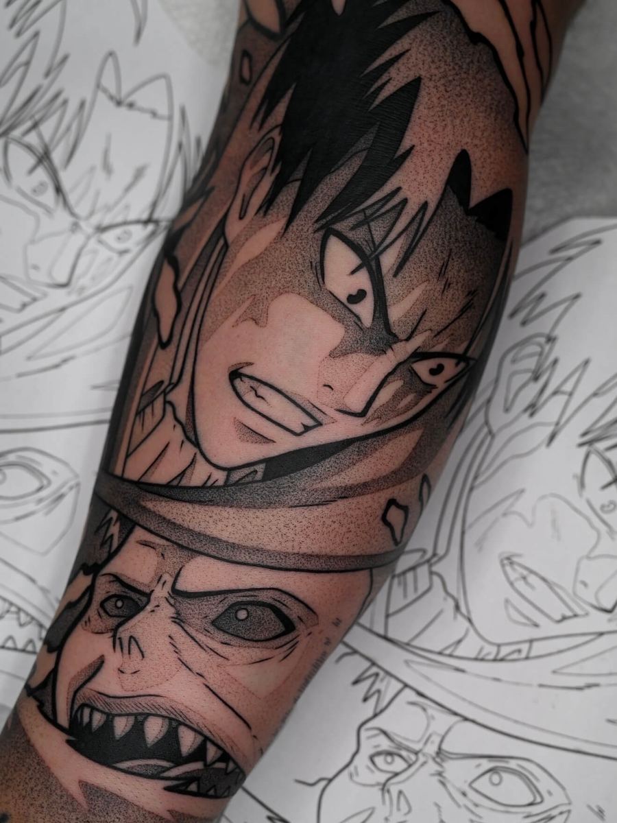 Levi and the Beast Titan tattoo, Attack on Titan characters with bandaged hand and grimacing face by Wade Whitman — Madison Heights MI tattoo artist
