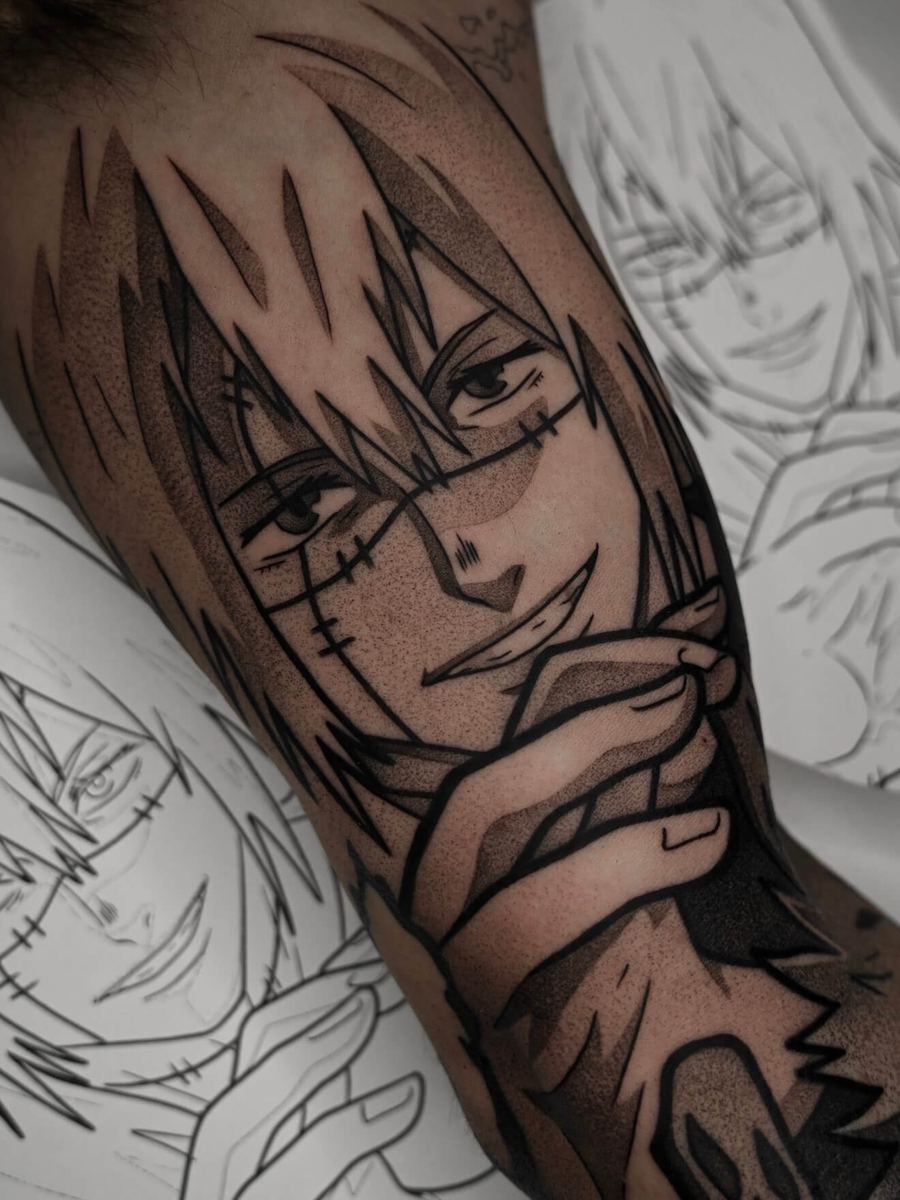Mahito tattoo, Jujutsu Kaisen character with long bangs and bandaged wrist, calm expression by Wade Whitman — Madison Heights MI tattoo artist