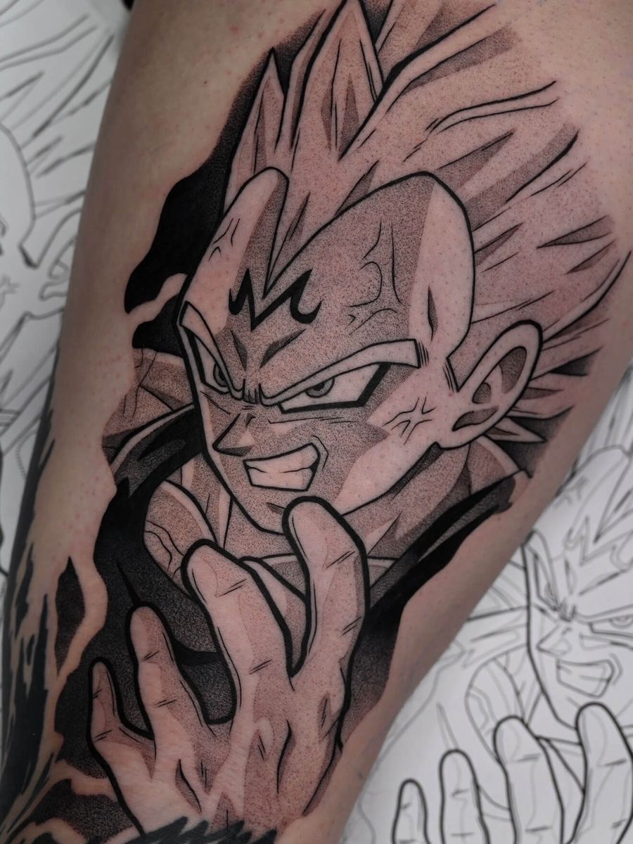 Majin Vegeta tattoo, Dragon Ball Z character portrait with signature widow's peak hair by Wade Whitman — Madison Heights MI tattoo artist