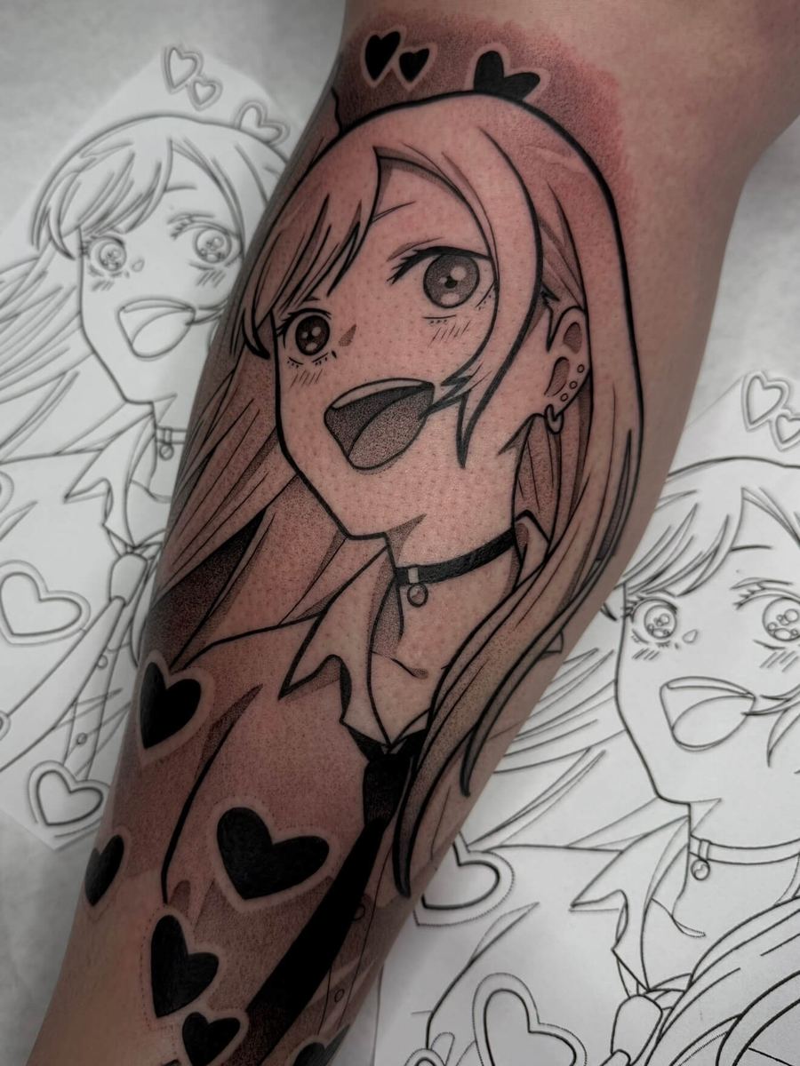 Marin tattoo, My Dress-Up Darling character with heart motif details, wide-eyed expression by Wade Whitman — Madison Heights MI tattoo artist