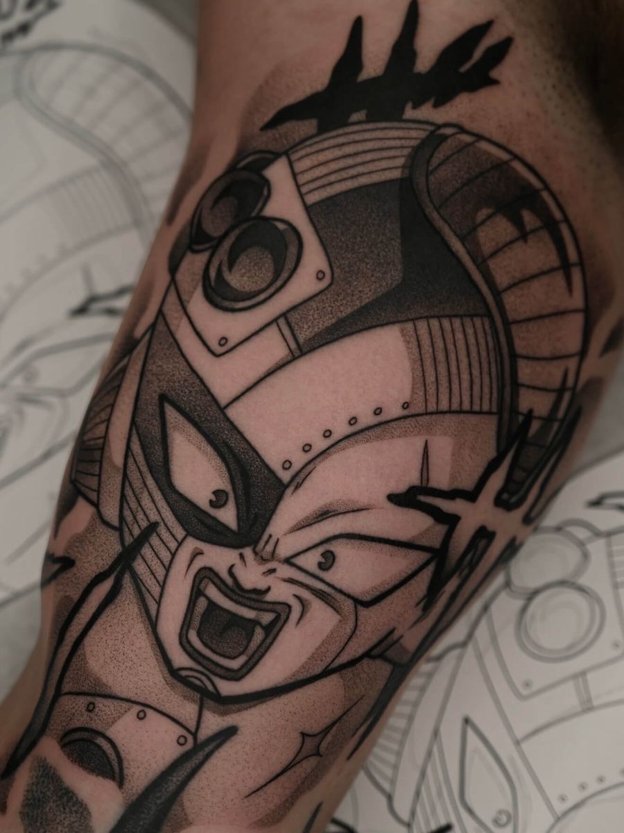 Mecha Frieza tattoo, Dragon Ball Z character with sharp angular armor plating by Wade Whitman — Madison Heights MI tattoo artist