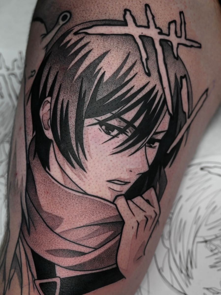 Mikasa Ackerman tattoo, Attack on Titan character with short dark hair, hand resting on chin by Wade Whitman — Madison Heights MI tattoo artist