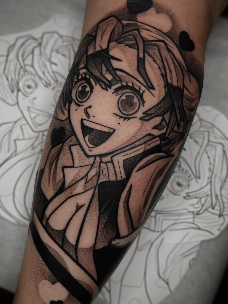 Mitsuri Kanroji tattoo, Demon Slayer character with curly hair and wide cheerful smile by Wade Whitman — Madison Heights MI tattoo artist