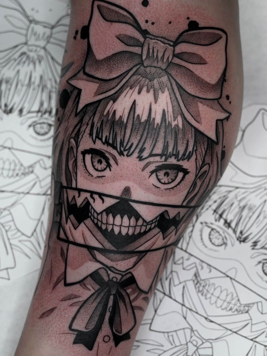 Naoko Kirino tattoo, Pumpkin Night character with pink bow hair accessory, wide eyes by Wade Whitman — Madison Heights MI tattoo artist
