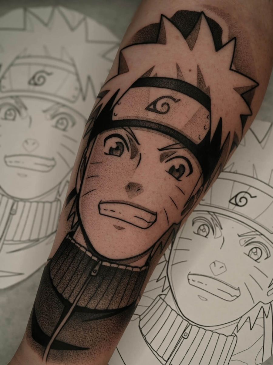 Naruto Uzumaki tattoo, Naruto Shippuden character wearing leaf village headband with confident grin by Wade Whitman — Madison Heights MI tattoo artist
