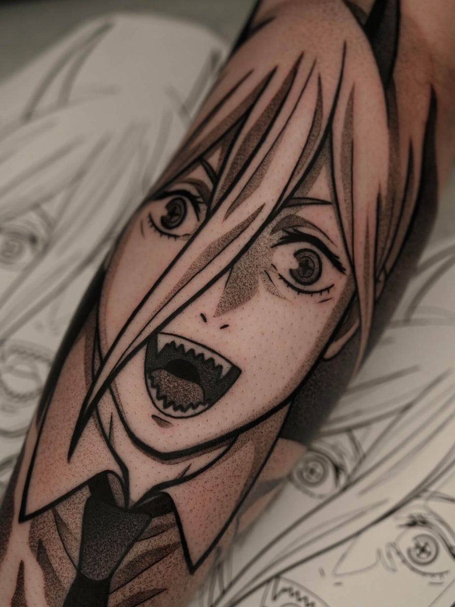 Power tattoo, Chainsaw Man character with open-mouth scream and flowing hair by Wade Whitman — Madison Heights MI tattoo artist