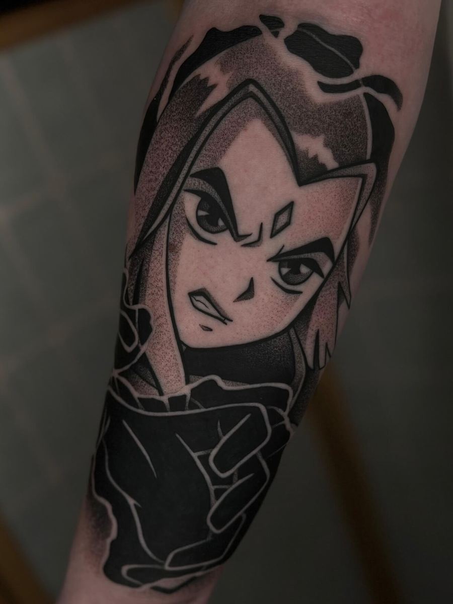 Raven tattoo, Teen Titans character with dark gloves and intense stare by Wade Whitman — Madison Heights MI tattoo artist