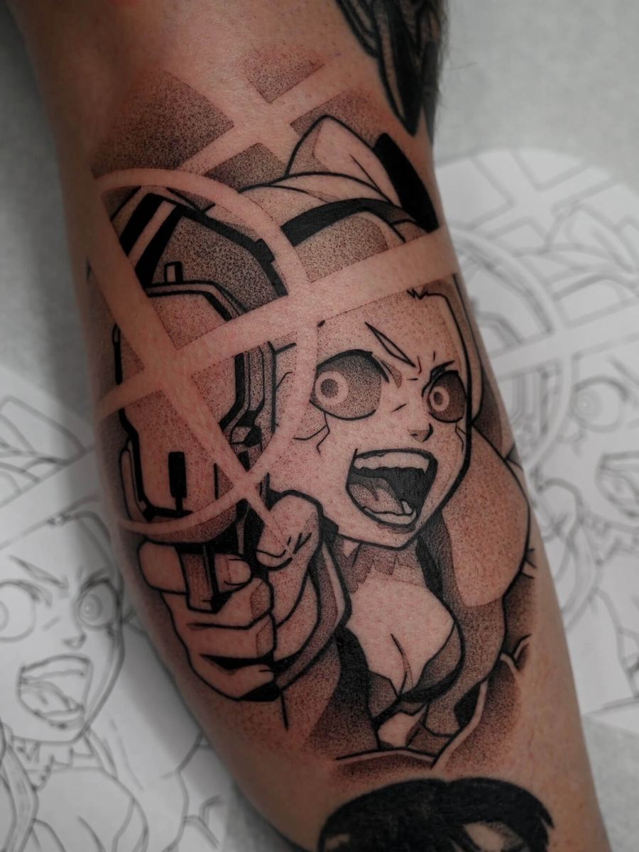 Rebecca tattoo, Cyberpunk Edgerunners character with bandaged arms, open-mouth shout by Wade Whitman — Madison Heights MI tattoo artist