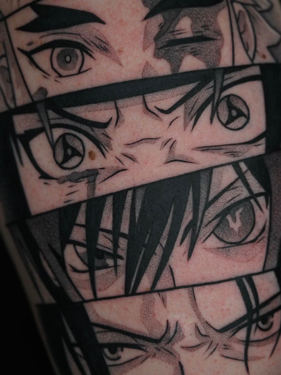 Rengoku, Itachi Uchiha, Lelouch, and Portgas D. Ace tattoo, multi-character eyes composition with bold linework by Wade Whitman — Madison Heights MI tattoo artist