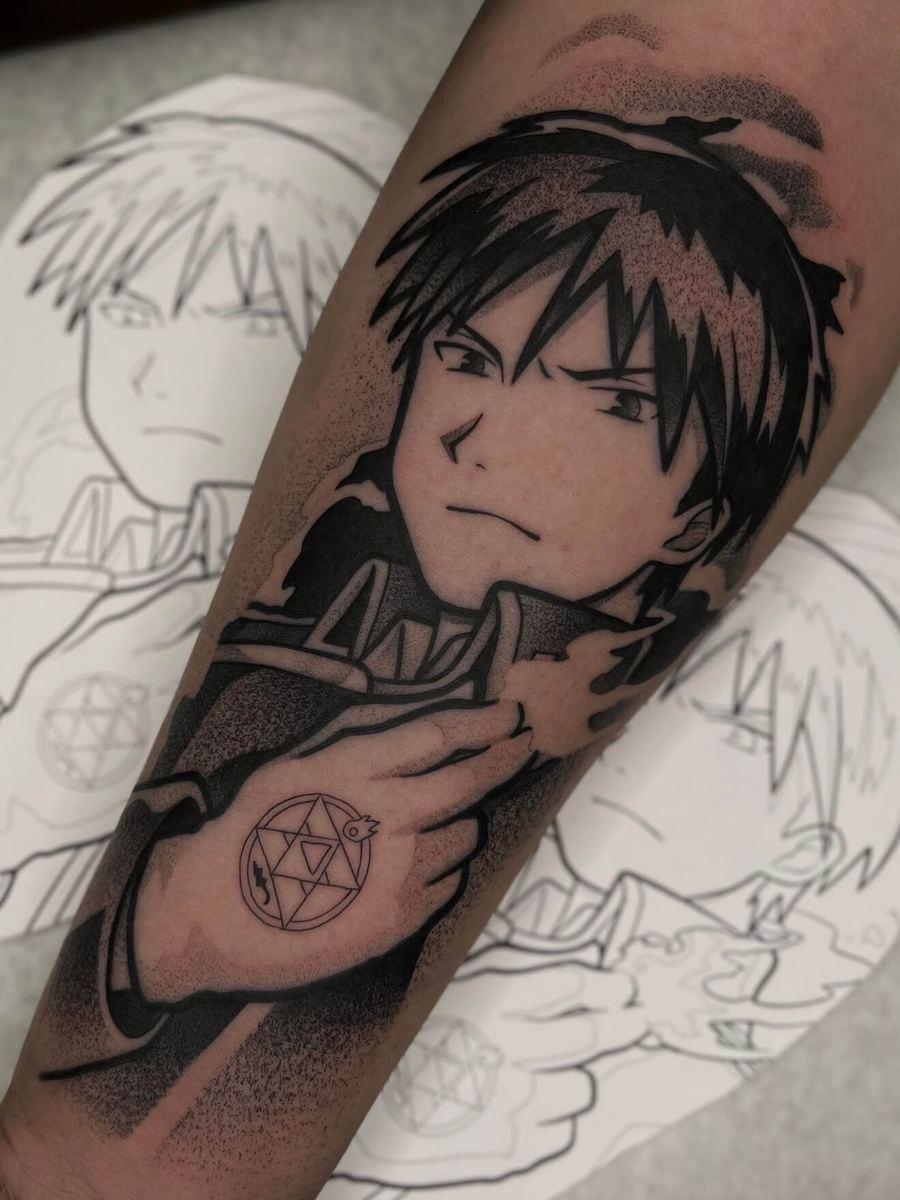 Roy Mustang tattoo, Fullmetal Alchemist character with side-swept hair, contemplative pose by Wade Whitman — Madison Heights MI tattoo artist