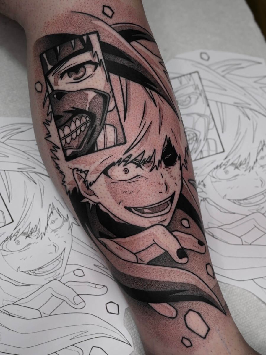 Ken Kaneki tattoo, Tokyo Ghoul character with inset panel showing his eyepatch by Wade Whitman — Madison Heights MI tattoo artist