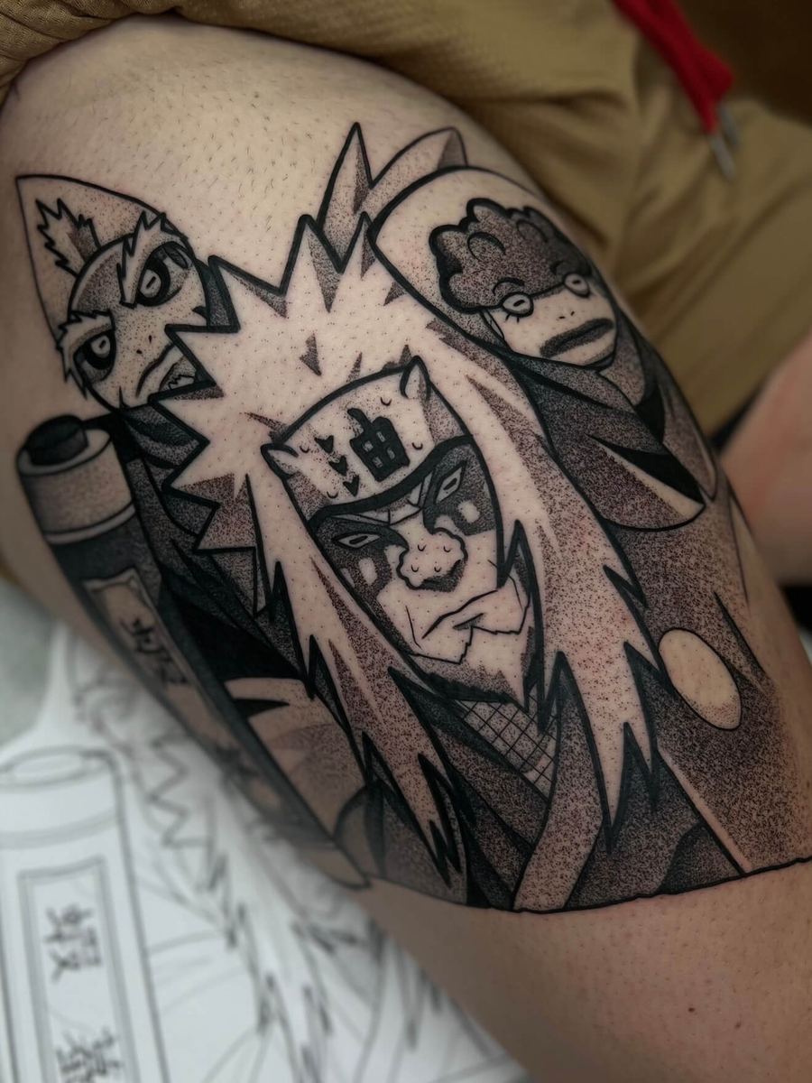 Sage Mode Jiraiya tattoo, Naruto Shippuden character with spiky hair and scroll details by Wade Whitman — Madison Heights MI tattoo artist