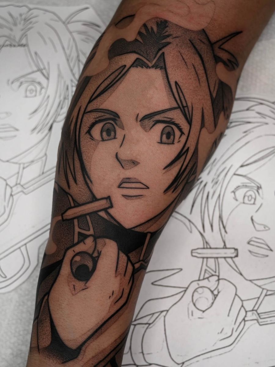 Sasha Braus tattoo, Attack on Titan character known as Potato Girl, wide-eyed expression by Wade Whitman — Madison Heights MI tattoo artist