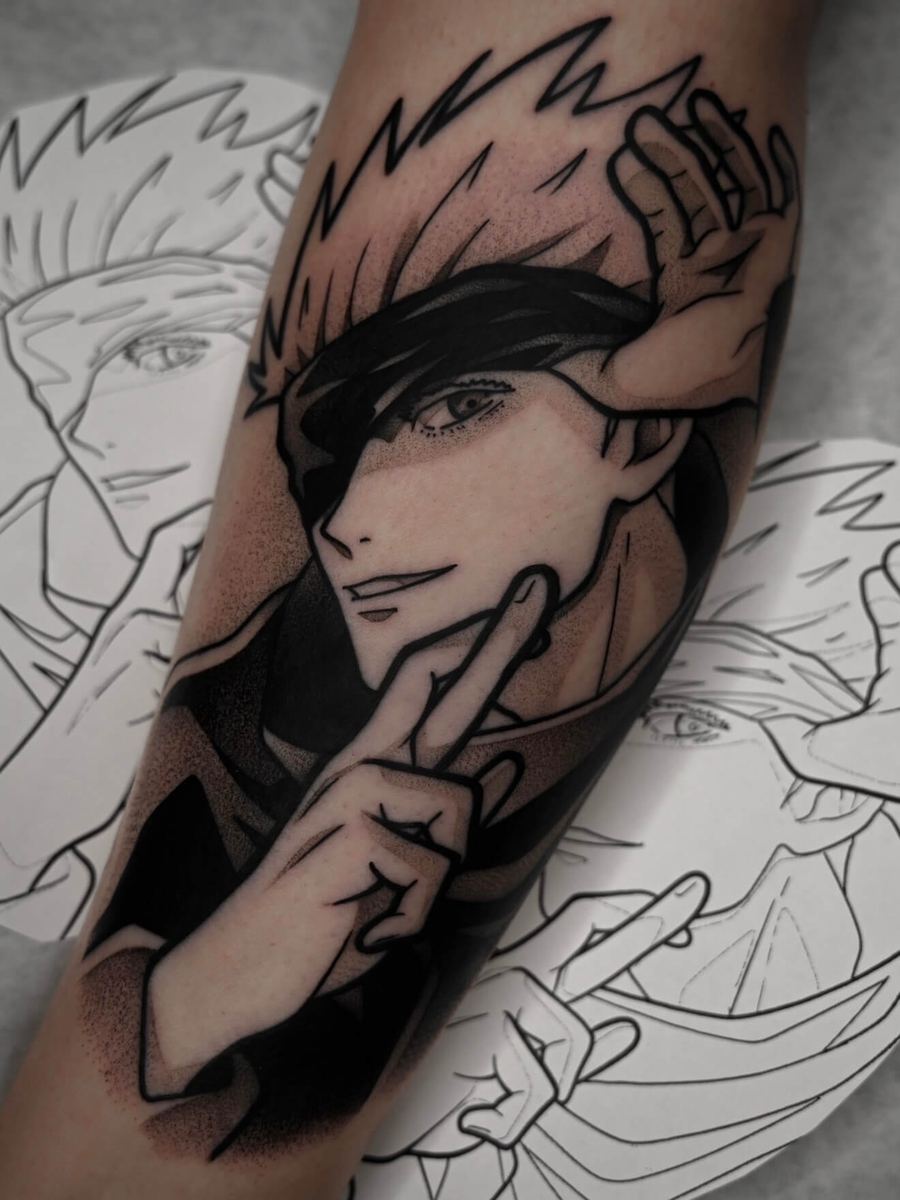 Satoru Gojo tattoo, Jujutsu Kaisen character with eyepatch-style blindfold, finger near chin by Wade Whitman — Madison Heights MI tattoo artist