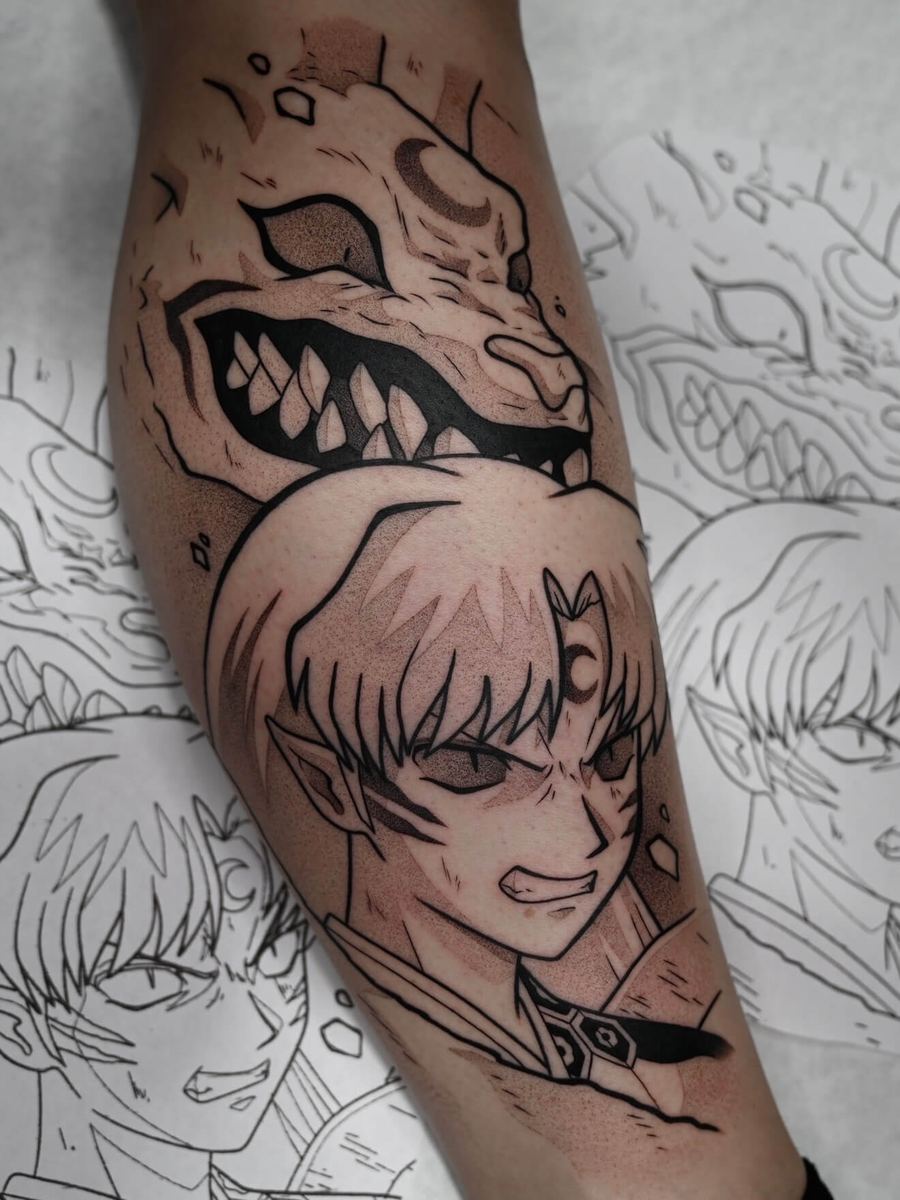 Sesshomaru tattoo, Inuyasha character monster mask alongside smaller character portrait by Wade Whitman — Madison Heights MI tattoo artist