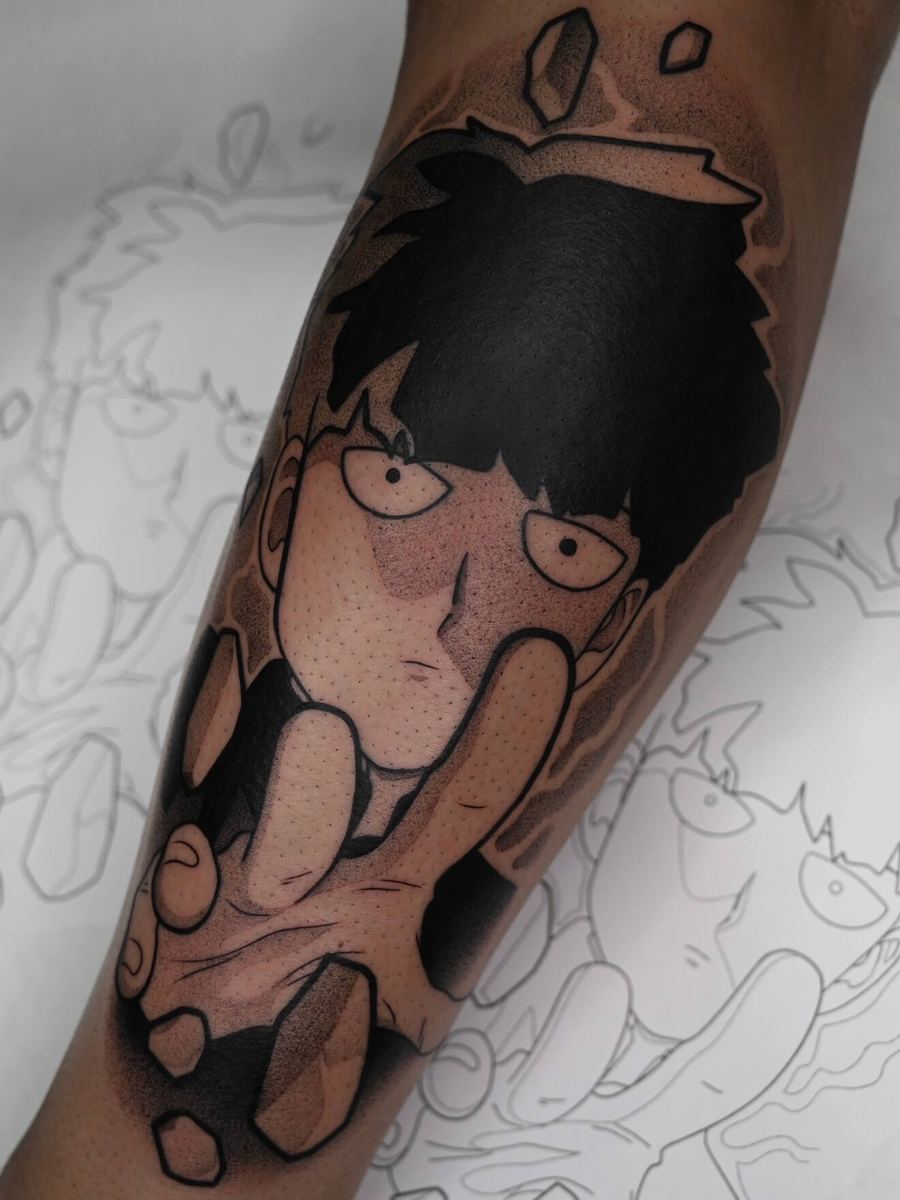 Shigeo Kageyama tattoo, Mob Psycho 100 character with dark tousled hair, subdued expression by Wade Whitman — Madison Heights MI tattoo artist