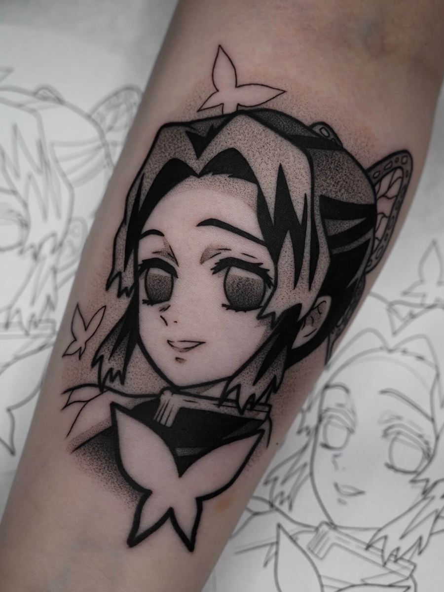 Shinobu Kocho tattoo, Demon Slayer Insect Hashira character with bow hair accessory and collared outfit by Wade Whitman — Madison Heights MI tattoo artist
