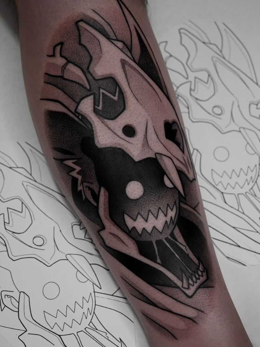 Naruto Six-Tails tattoo, Naruto Shippuden tailed beast cloak transformation with horned skull and dotwork shading by Wade Whitman — Madison Heights MI tattoo artist