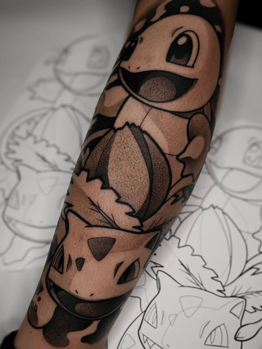 Ivysaur and Squirtle tattoo, Pokemon characters with shell and patterned shading by Wade Whitman — Madison Heights MI tattoo artist