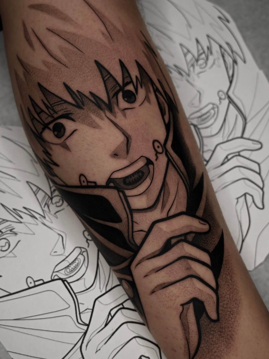 Inumaki tattoo, Jujutsu Kaisen character with spiky hair, finger near mouth and wide grin by Wade Whitman — Madison Heights MI tattoo artist