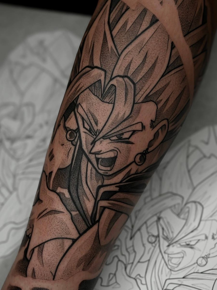 Super Vegito tattoo, Dragon Ball Z character dramatic shadowed portrait by Wade Whitman — Madison Heights MI tattoo artist
